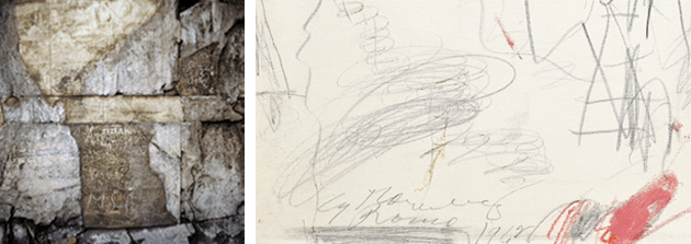 [LEFT] Graffiti on outside wall of Temple of Vesta or Hercules Victor, 2nd century BC, Rome. Image: © Archivio J. Lange / © NPL - DeA Picture Library / Bridgeman Images CAPTION: [RIGHT] Detail of the present work  